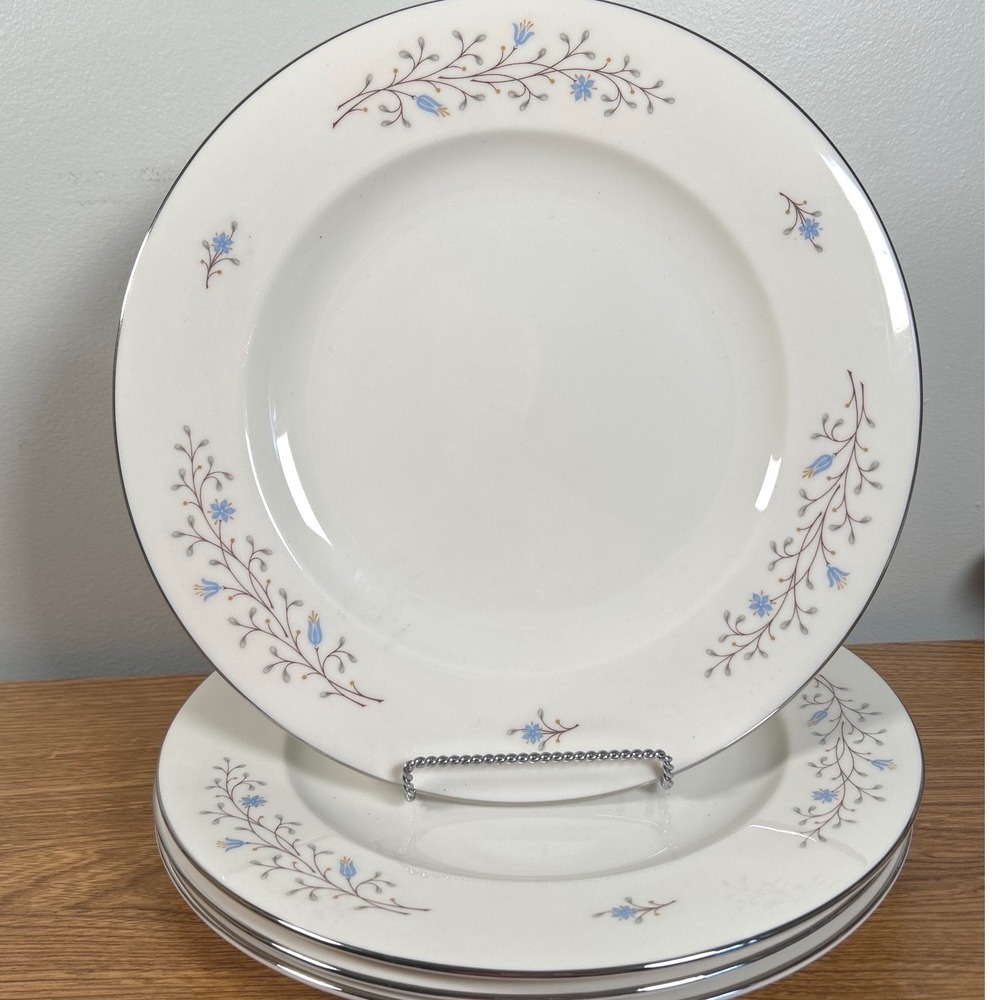 Syracuse China Inspiration Dinner Plates Blue Floral Platinum Trim MCM Set of 4